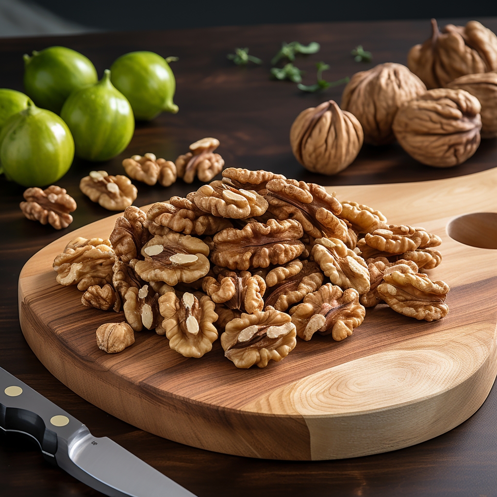 natural raw English walnut halves on a cutting board